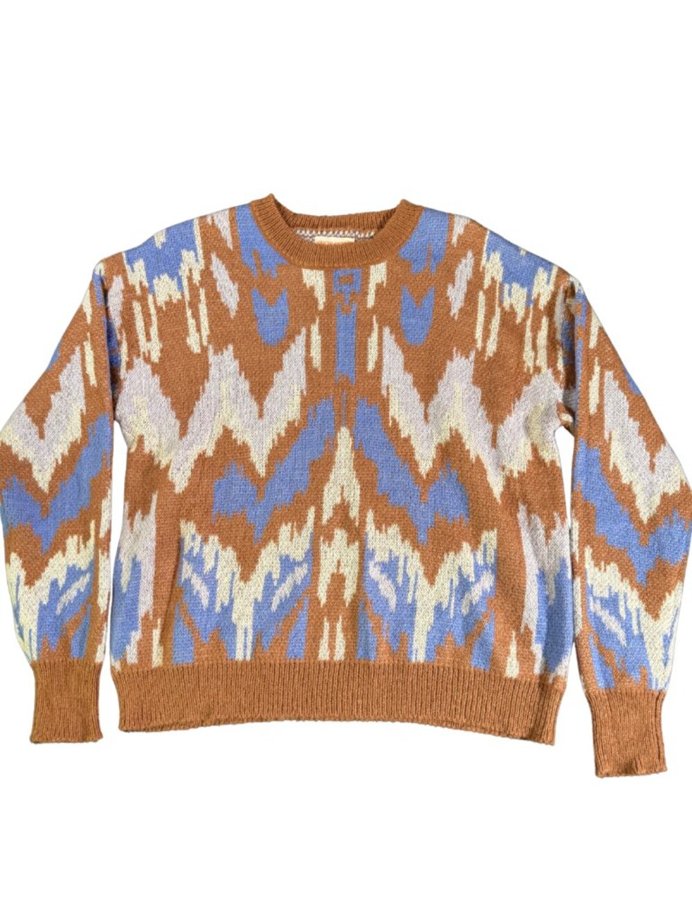 Knox Rose Womens S Brown Blue Abstract Ikat Print Pullover Sweater